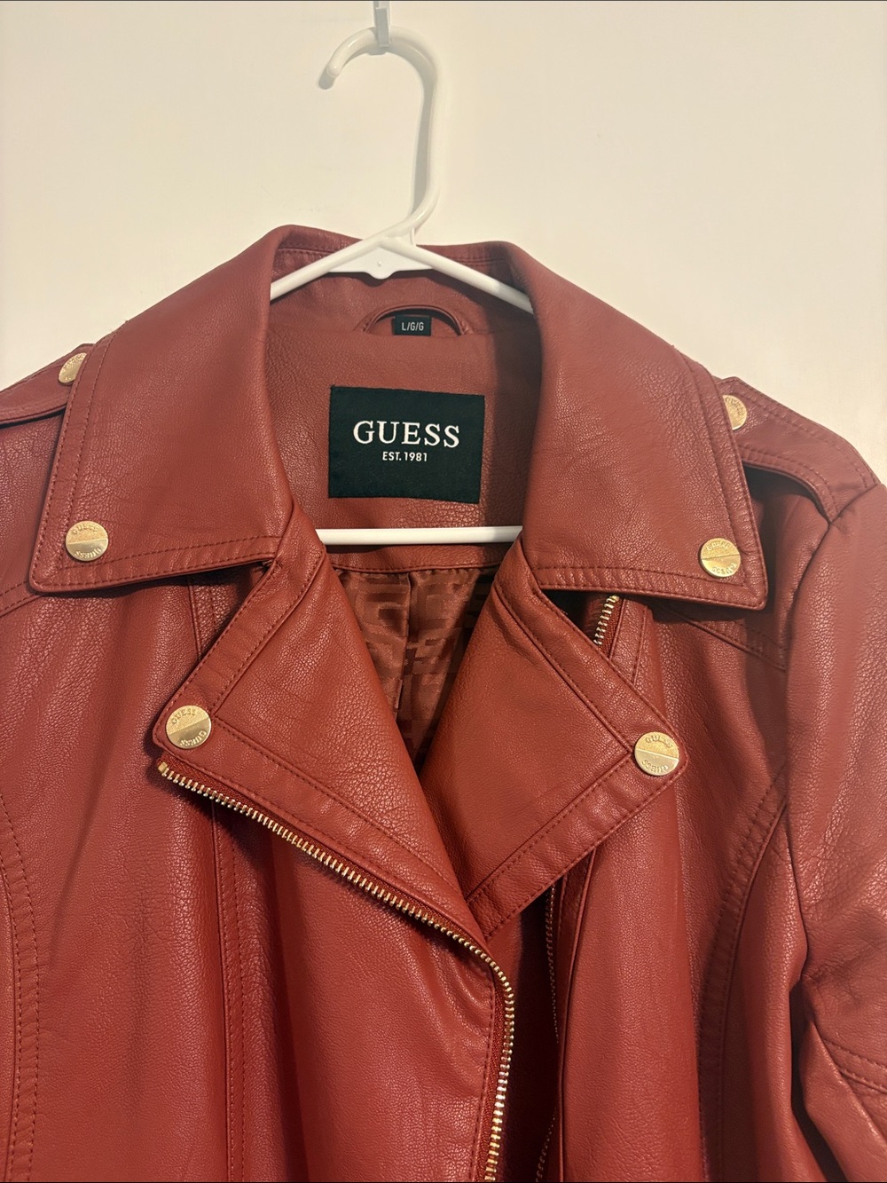 Guess paprika color leatherlike moto jacket L